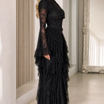 Gothic Lace Corset Maxi Dress with Dramatic Bell Sleeves and Tiered Ruffle Skirt