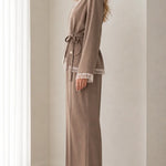 Lace Trim Wrap Blazer and Wide-Leg Pants Two-Piece Suit Set