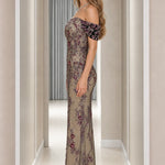 Off-the-Shoulder Floral Embroidered Beaded Maxi Evening Gown