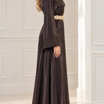 Elegant Embroidered Satin Kaftan Maxi Dress with Ornate Belt