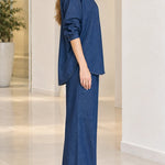 Women's Floral Embroidered Denim Shirt and Wide-Leg Pants Set