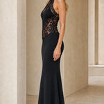 Elegance Halter Neck Lace Panel Maxi Evening Dress