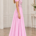 Off-the-Shoulder Beaded Bodice Tulle Formal Evening Gown
