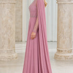 Elegant Beaded High-Neck Chiffon Evening Gown with Cape Sleeves