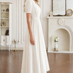 Short Sleeve Pleated V-Neck Midi Dress with Belt