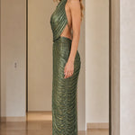 High Neck Pleated Shimmer Backless Maxi Evening Dress