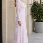 Square Neck Floral Lace Long Sleeve Midi Dress with Crystal Buttons