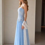 Strapless Beaded Corset Evening Gown with Scalloped Fringe & Chiffon Skirt