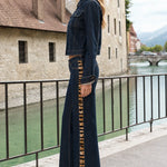 Women's Cropped Denim Jacket and Animal Print Stripe Flare Pants Two-Piece Set