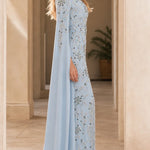 Embellished Cape Sleeve Evening Gown with Front Slit