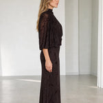One-Shoulder High Neck Embellished Maxi Dress with Draped Flutter Sleeve