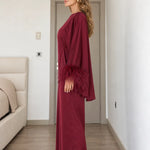 Satin Feather Cuff Two-Piece Top and Wide-Leg Pants Set