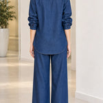 Women's Floral Embroidered Denim Shirt and Wide-Leg Pants Set