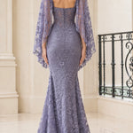 Floral Lace Cape Sleeve Mermaid Evening Gown with Corset Bodice