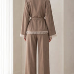 Lace Trim Wrap Blazer and Wide-Leg Pants Two-Piece Suit Set