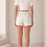 Elegant Tweed Two-Piece Crop Top and High-Waist Shorts Set with Pearl Accents