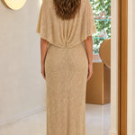 Glitter Sequin V-Neck Cape Sleeve Evening Maxi Dress