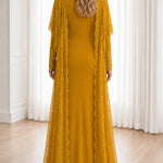 Sequin Embroidered V-Neck Maxi Evening Gown with Sheer Lace Duster Jacket Set