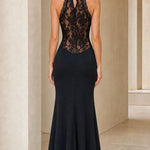 Elegance Halter Neck Lace Panel Maxi Evening Dress