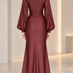 Deep V-Neck Pleated Long Sleeve Twist Front Evening Gown with Slit
