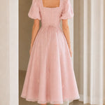 Square Neck Puff Sleeve Embroidered A-Line Midi Dress