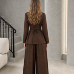 Women's Elegant Wrap Front Button Accent Blazer Top and Wide Leg Pants Two-Piece Set