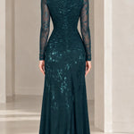 Long Sleeve Mock Neck Ruched Floral Lace Evening Gown