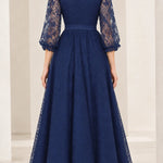 Elegant Floral Lace V-Neck A-Line Maxi Dress with 3/4 Sleeves