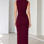 Sleeveless Mock Neck Ruched Glitter Maxi Dress