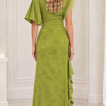 Embellished High-Neck Jacquard Maxi Dress with Flutter Sleeves and Cascade Ruffle