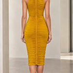 High Neck Metallic Collar Ruched Sleeveless Midi Dress