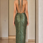 High Neck Pleated Shimmer Backless Maxi Evening Dress