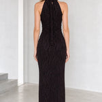High Neck Sleeveless Glitter Textured Maxi Dress with Waist Ornament