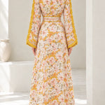 Floral Embroidered Moroccan Kaftan Maxi Dress with Belt