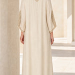 Embellished Kaftan Maxi Dress with Beaded V-Neck and Batwing Sleeves
