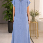 Women's Casual Linen-Feel Keyhole Maxi Dress with Back Tie Detail