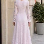 Square Neck Floral Lace Long Sleeve Midi Dress with Crystal Buttons