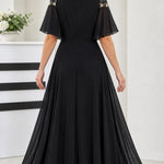 Elegant V-Neck Flutter Sleeve Chiffon Maxi Evening Dress with Embellished Waist