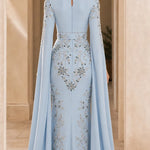 Embellished Cape Sleeve Evening Gown with Front Slit