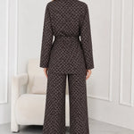 Women's Geometric Print Belted Blazer and Wide-Leg Pants Set