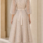 Cold Shoulder Embroidered Lace Midi Dress with Puff Sleeves and Tie Waist