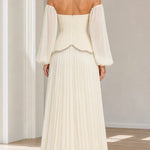 Off-The-Shoulder Beaded Scallop Choker Pleated Maxi Evening Gown