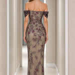 Off-the-Shoulder Floral Embroidered Beaded Maxi Evening Gown