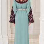 Embroidered Moroccan Caftan Maxi Dress with Ornate Belt and Flared Sleeves