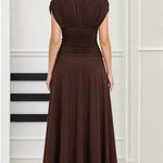 Elegant Ruched Waist V-Neck Midi Dress with Embellished Accents