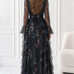 Floral Print Long Sleeve Chiffon Maxi Dress with Cascading Side Ruffles