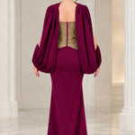 Strapless Sequin Corset Evening Gown with Embellished Cape Shawl