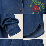 Women's Floral Embroidered Denim Shirt and Wide-Leg Pants Set