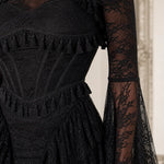 Gothic Lace Corset Maxi Dress with Dramatic Bell Sleeves and Tiered Ruffle Skirt