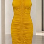 High Neck Metallic Collar Ruched Sleeveless Midi Dress